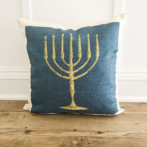 Menora (Navy Blue) Pillow Cover - Linen and Ivory