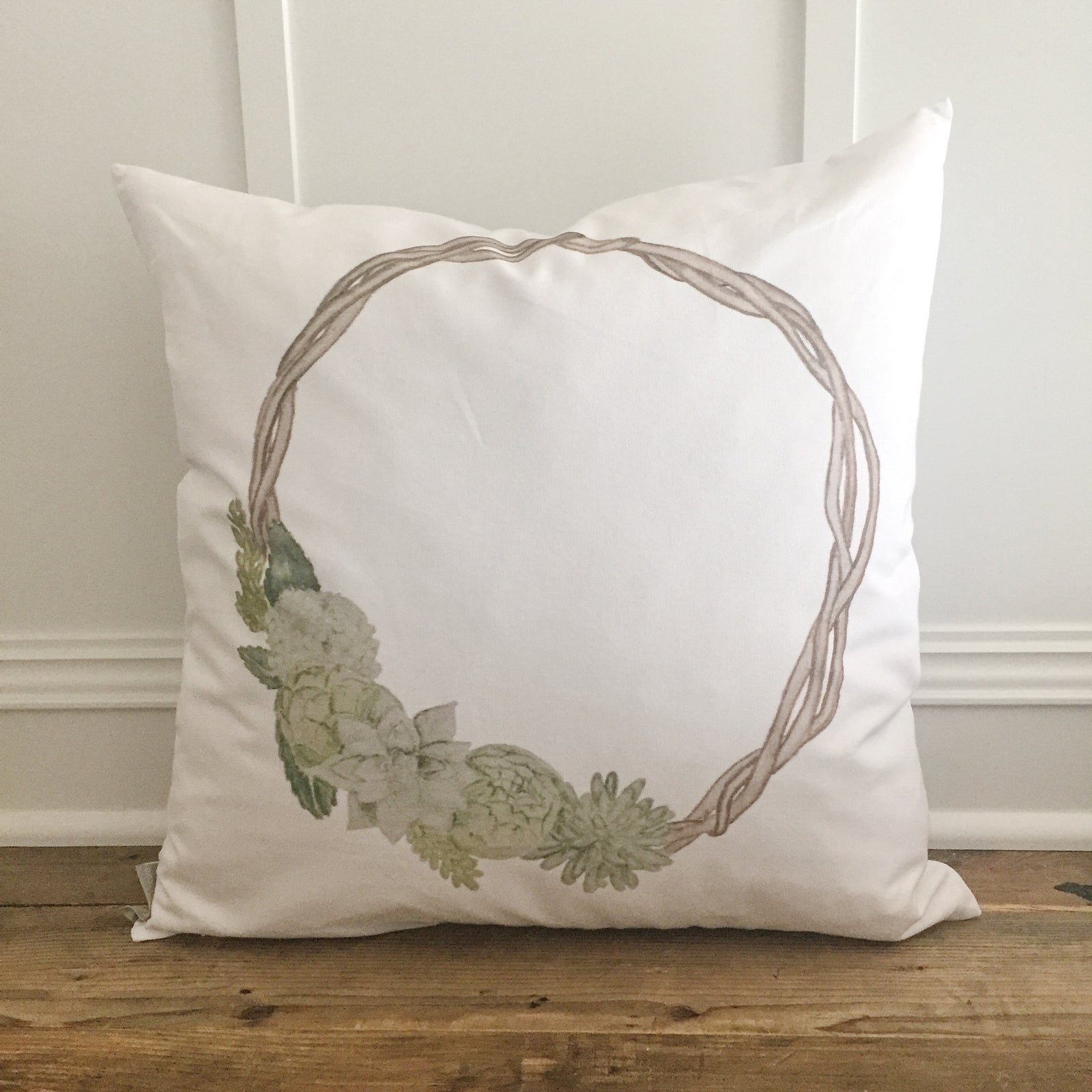 Succulent Cactus Wreath Pillow Cover - Linen and Ivory