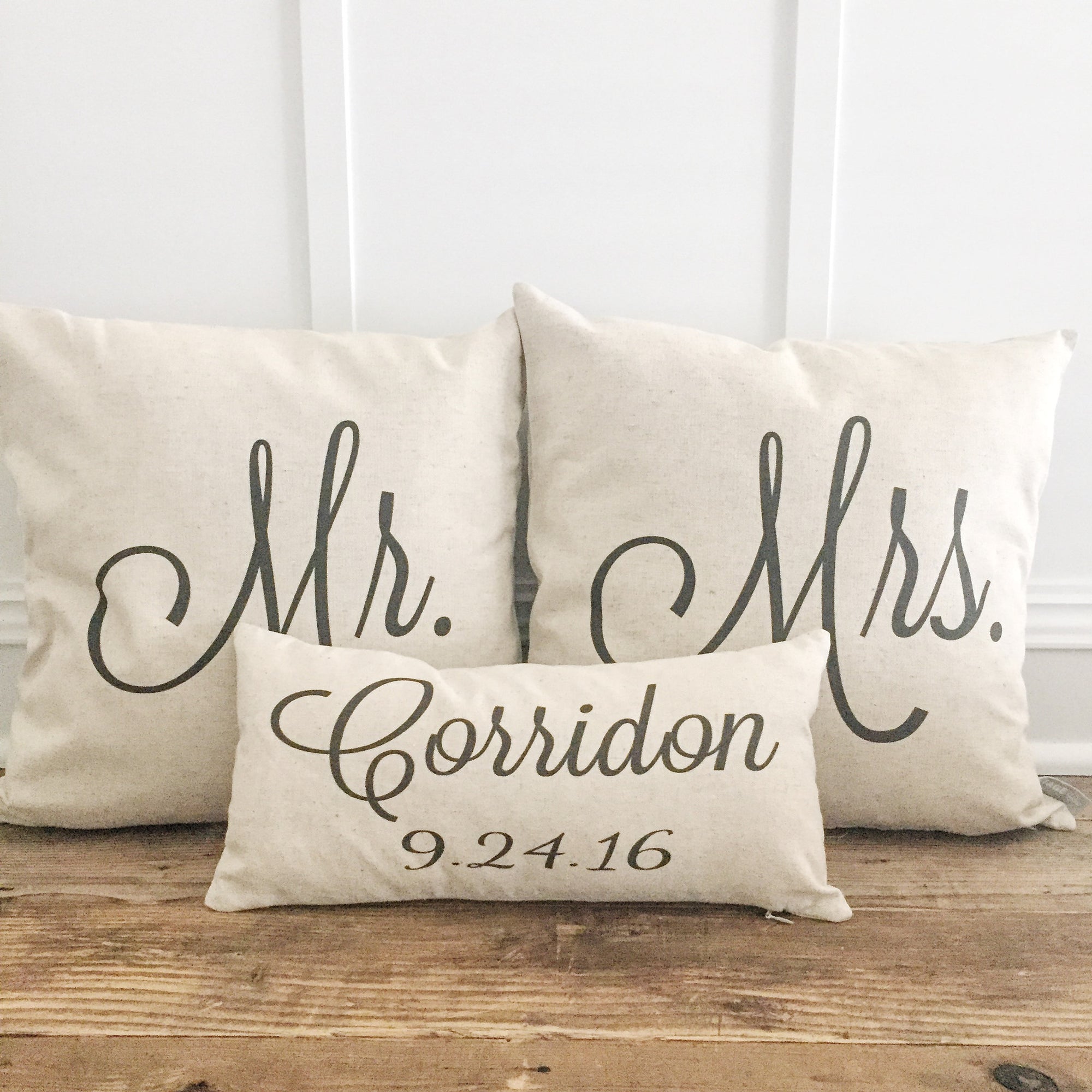 Mr & Mrs Pillow Covers With Name & Wedding Date (Set of 3) - Linen and Ivory