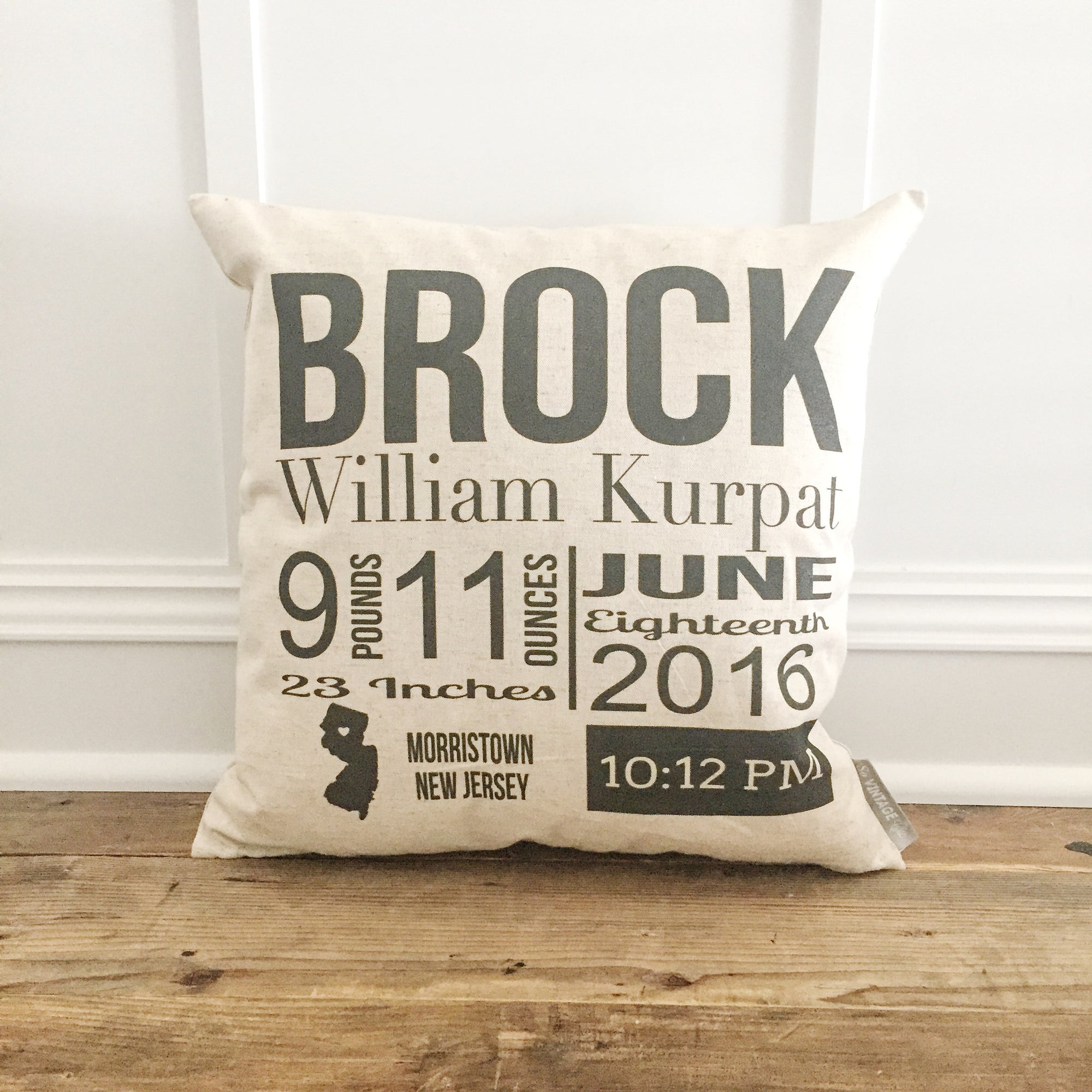 Bold Birth Announcement Pillow Cover - Linen and Ivory