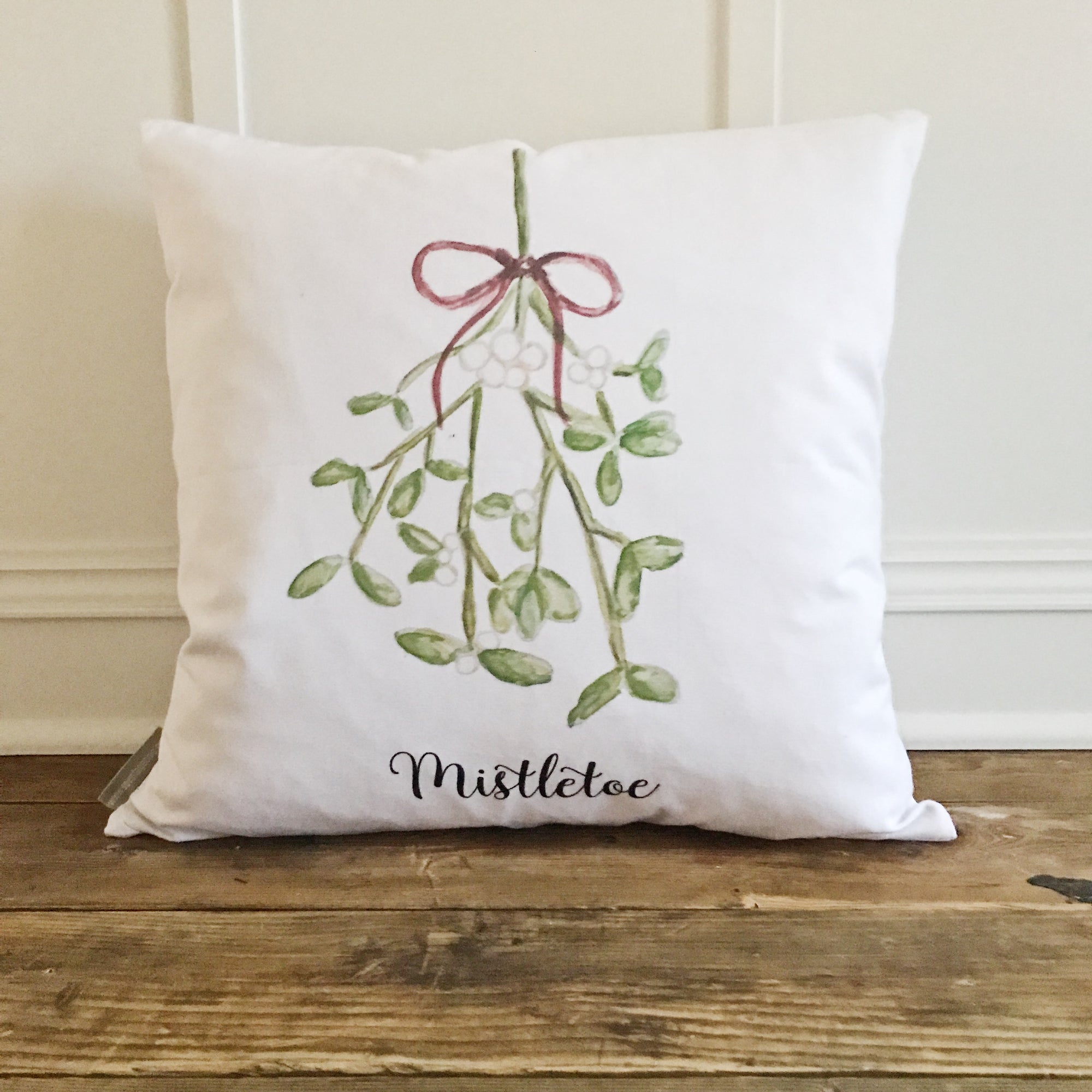 Watercolor Mistletoe Pillow Cover - Linen and Ivory