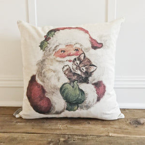 Vintage Santa & Kitty Pillow Cover - Linen and Ivory