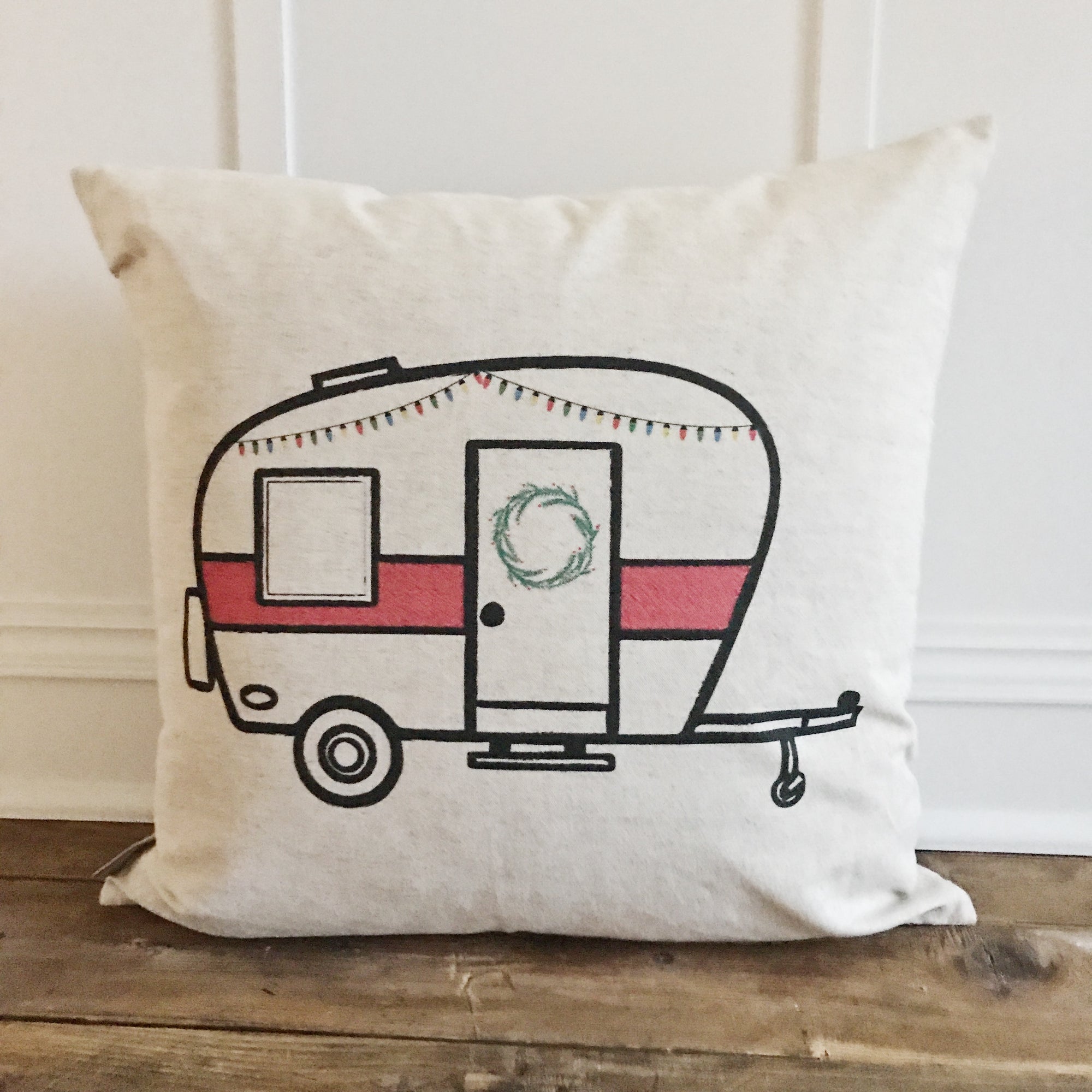 Christmas Camper Pillow Cover - Linen and Ivory
