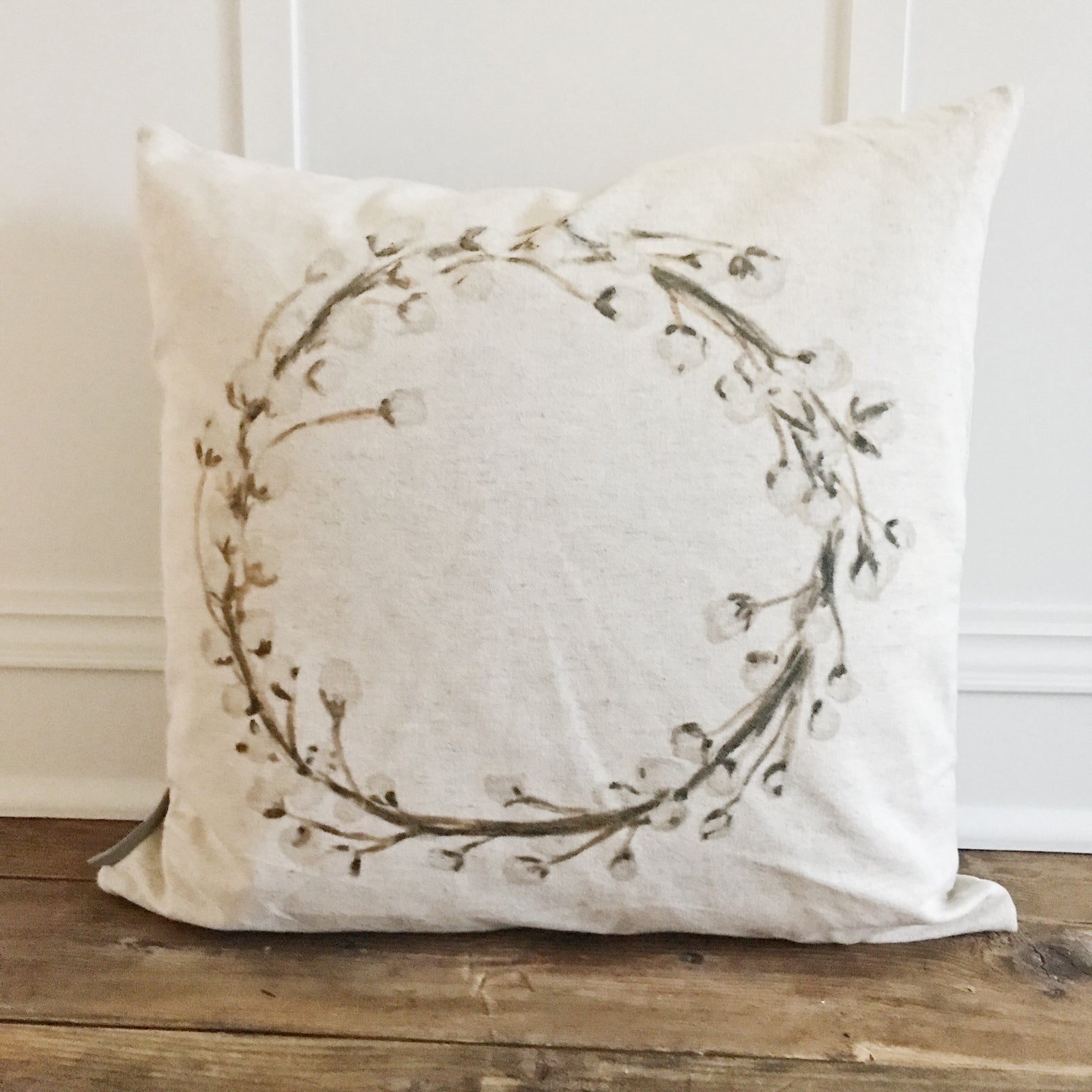 Watercolor Cotton Wreath Pillow Cover - Linen and Ivory