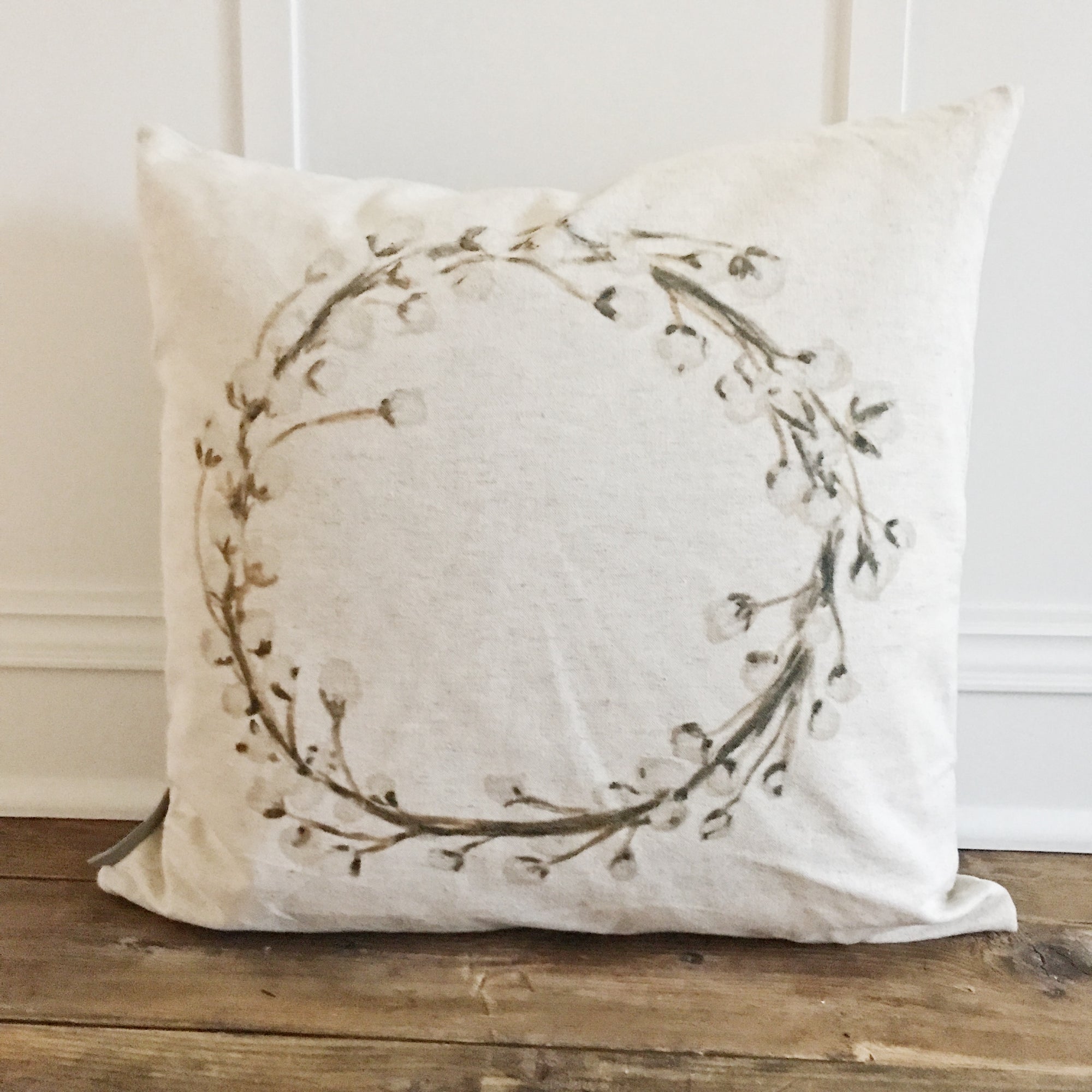 Watercolor Cotton Wreath Pillow Cover - Linen and Ivory