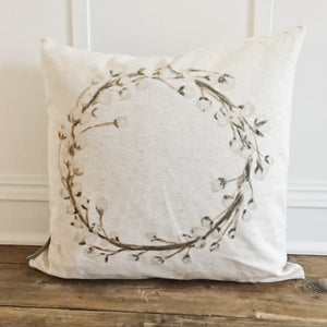 Watercolor Cotton Wreath Pillow Cover - Linen and Ivory