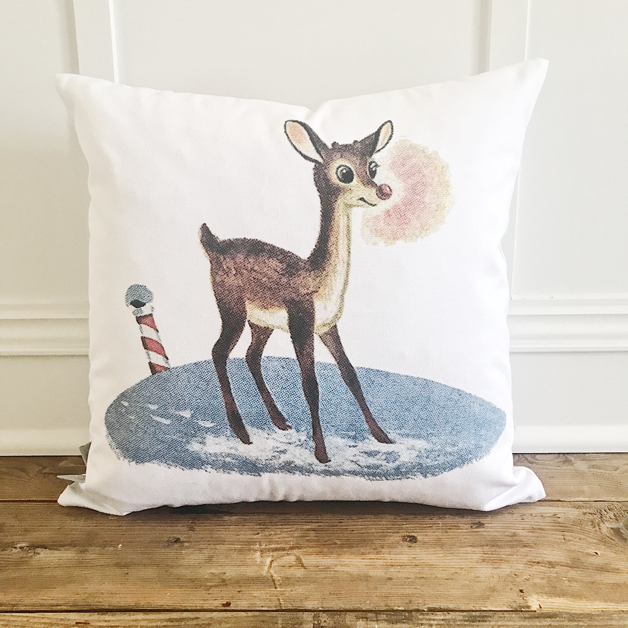 Vintage North Pole Rudolph Pillow Cover - Linen and Ivory