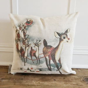 Vintage Rudolph & Sleigh Pillow Cover - Linen and Ivory