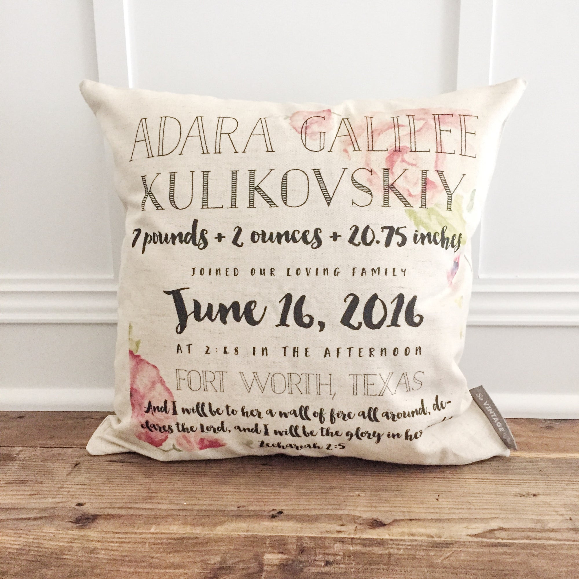 Watercolor Floral Birth Announcement Pillow Cover - Linen and Ivory