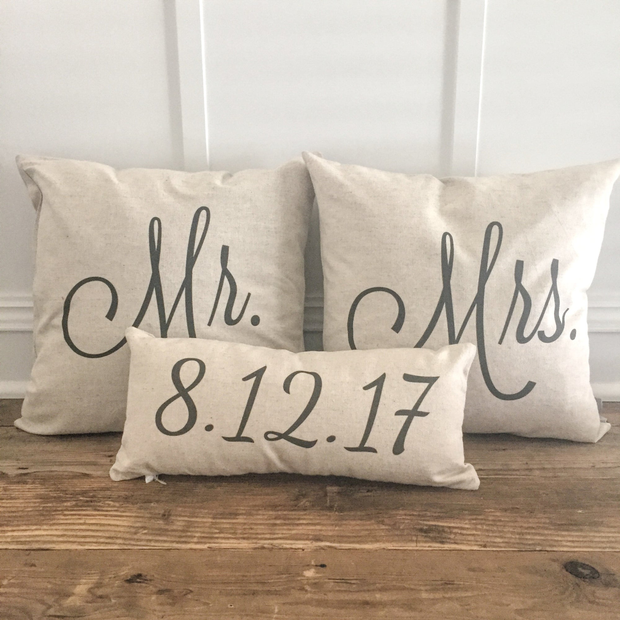 Mr & Mrs Pillow Covers With Wedding Date (Set of 3) - Linen and Ivory