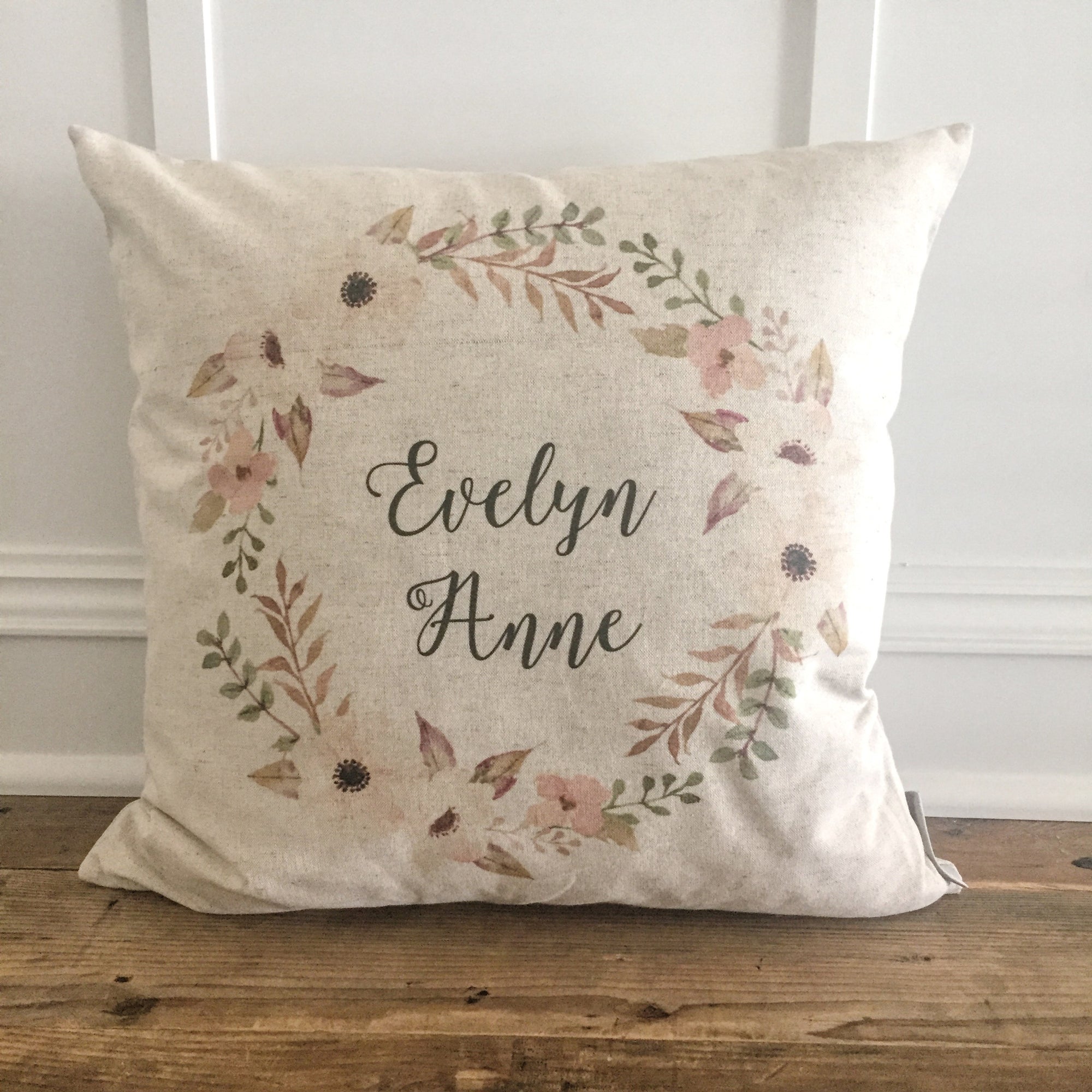 Custom Name Floral Wreath Pillow Cover - Linen and Ivory