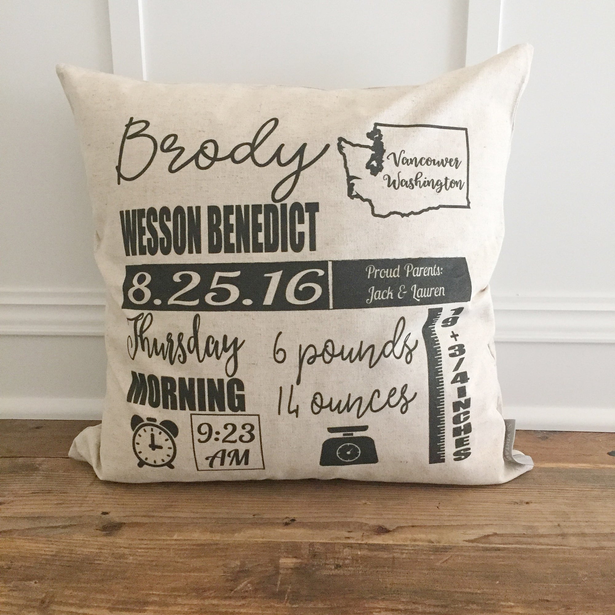 Icon Birth Announcement Pillow Cover - Linen and Ivory