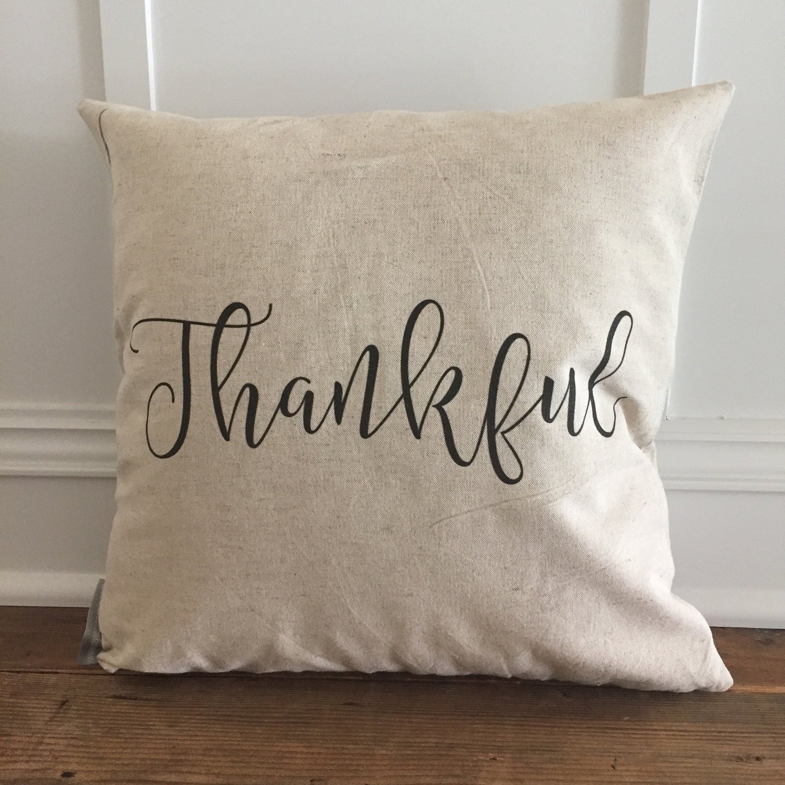 Thankful Pillow Cover - Linen and Ivory