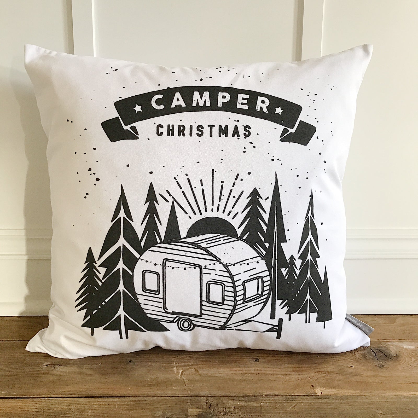 Camper Christmas (Black) Pillow Cover - Linen and Ivory