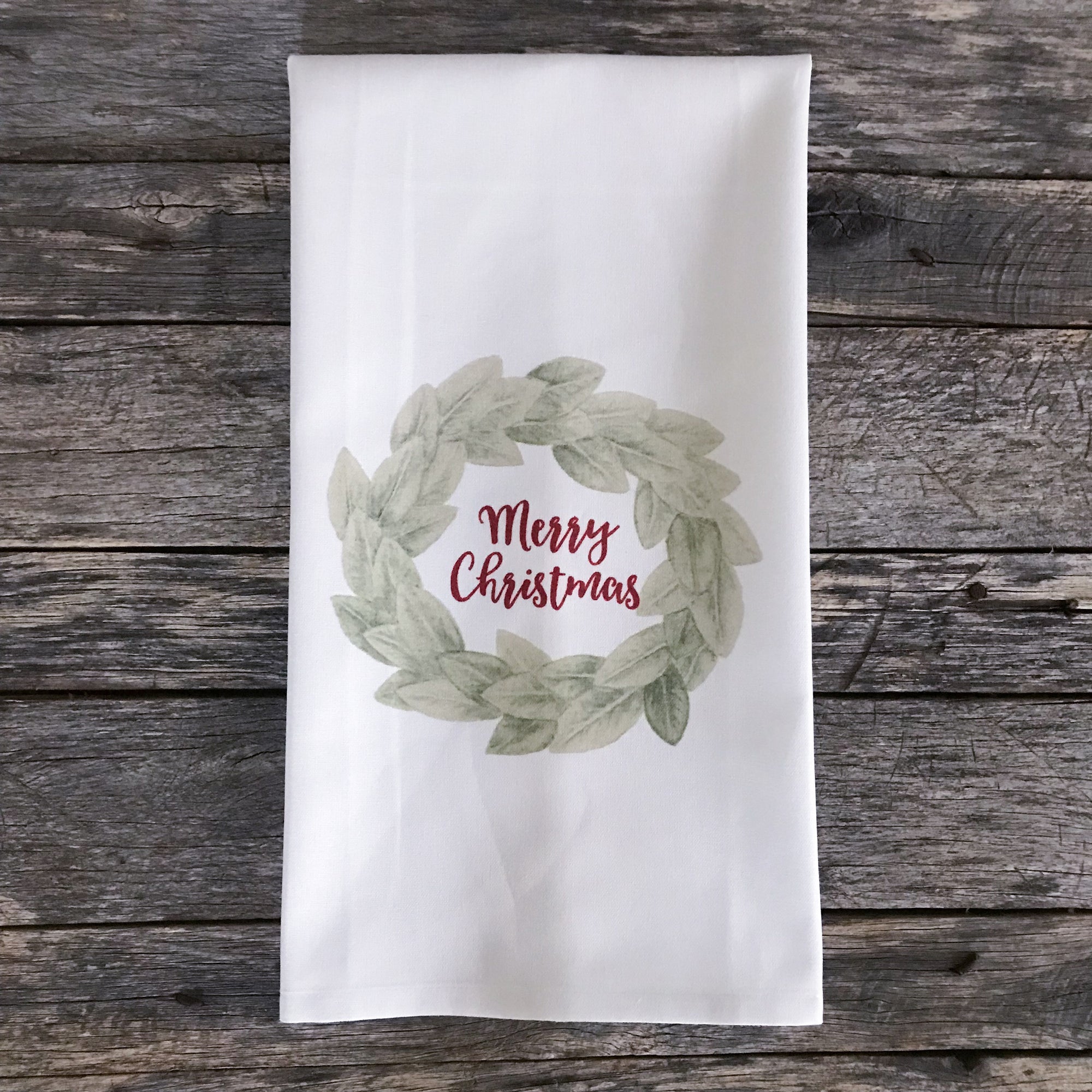 Merry Christmas Magnolia Wreath Tea Towel - Linen and Ivory
