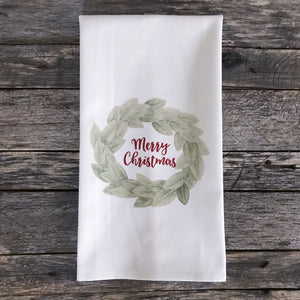 Merry Christmas Magnolia Wreath Tea Towel - Linen and Ivory