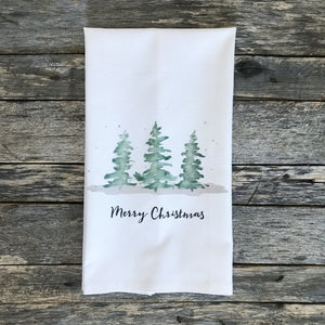 Merry Christmas Evergreen Trees Tea Towel - Linen and Ivory
