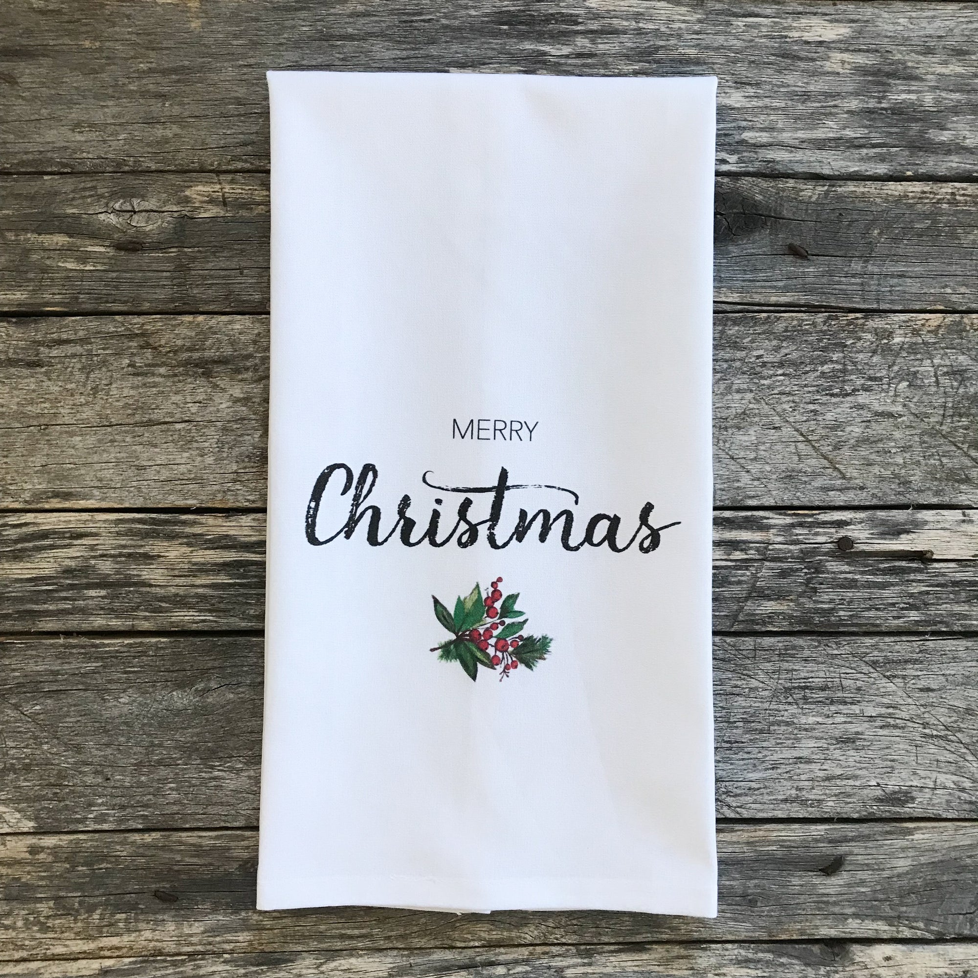 Merry Christmas Holly Sprig Tea Towel - Linen and Ivory