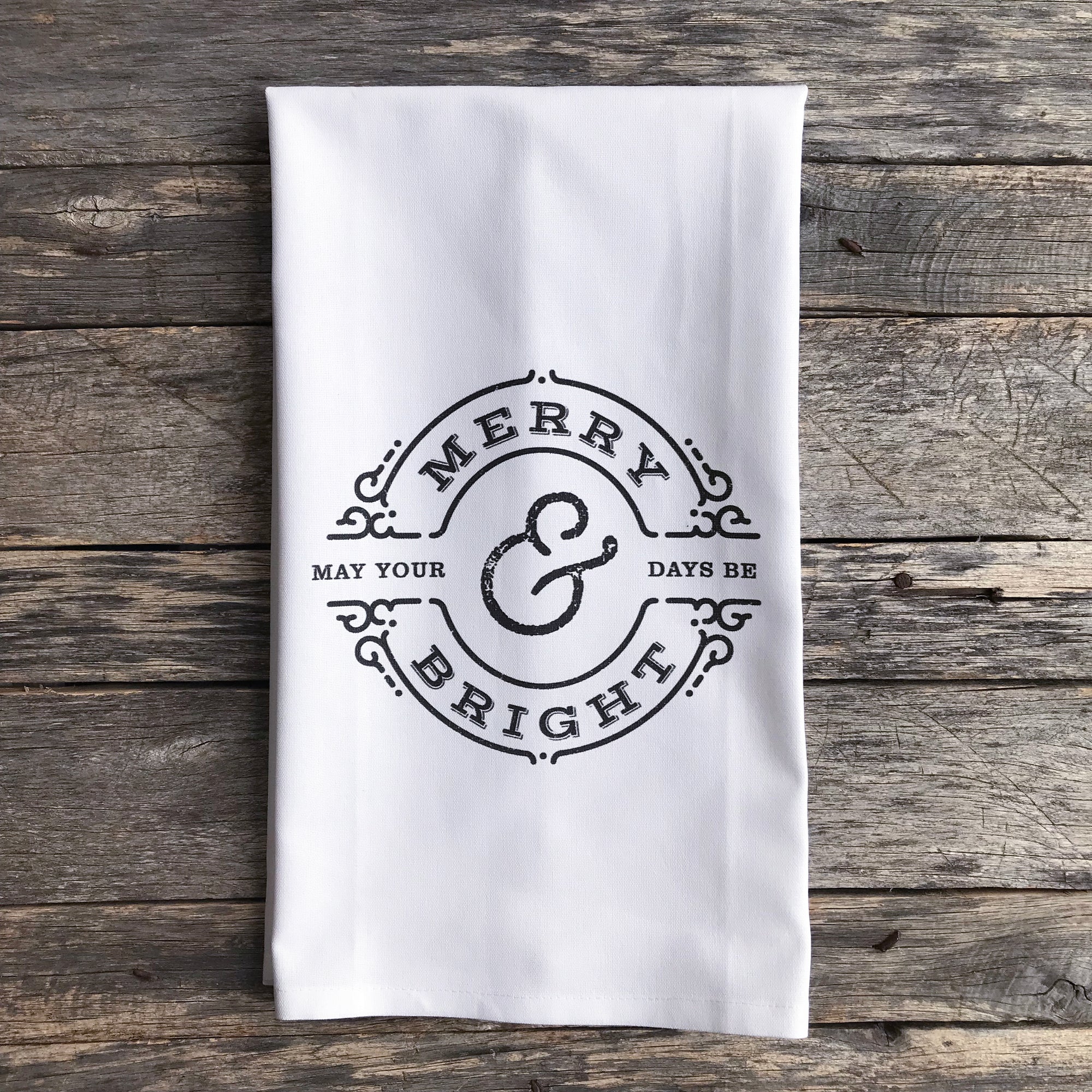 Merry & Bright Circle Tea Towel (Black) - Linen and Ivory