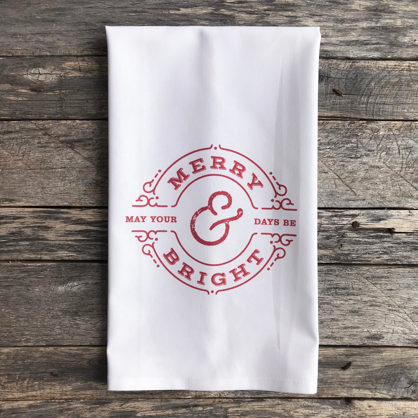Merry & Bright Circle Tea Towel (Red) - Linen and Ivory