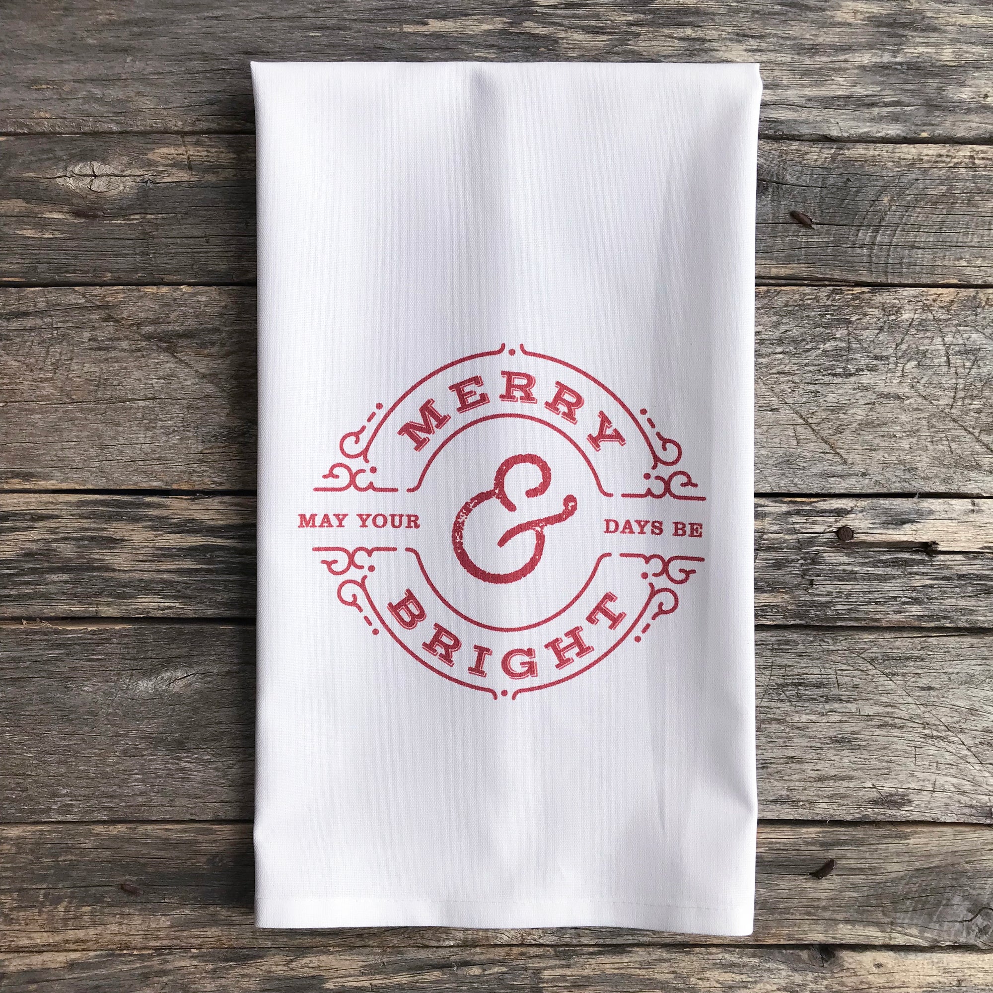 Merry & Bright Circle Tea Towel (Red) - Linen and Ivory