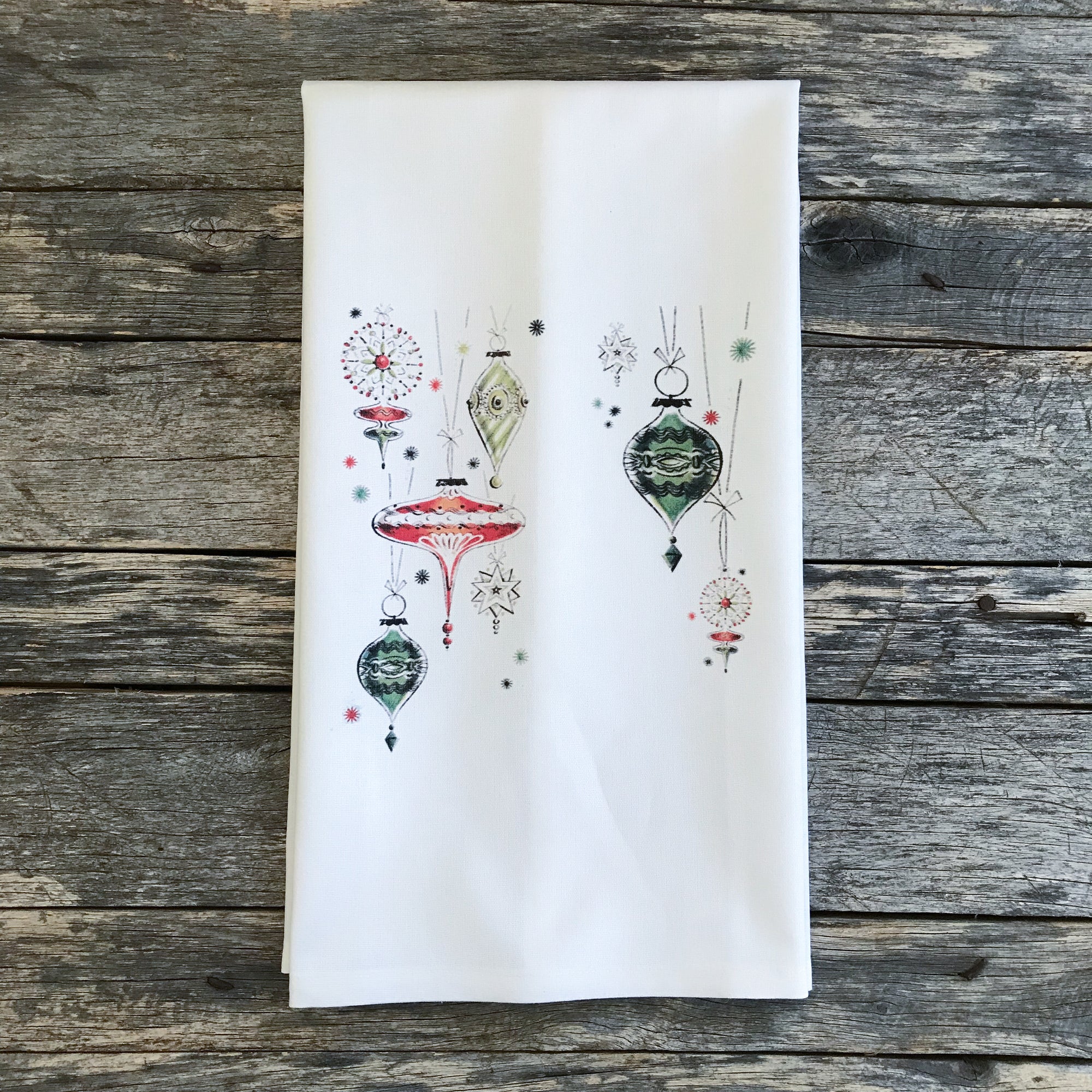 Mid Mod Ornaments Design 1 Tea Towel - Linen and Ivory