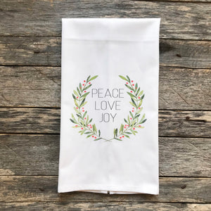 Peace Love Joy Wreath Tea Towel - Linen and Ivory