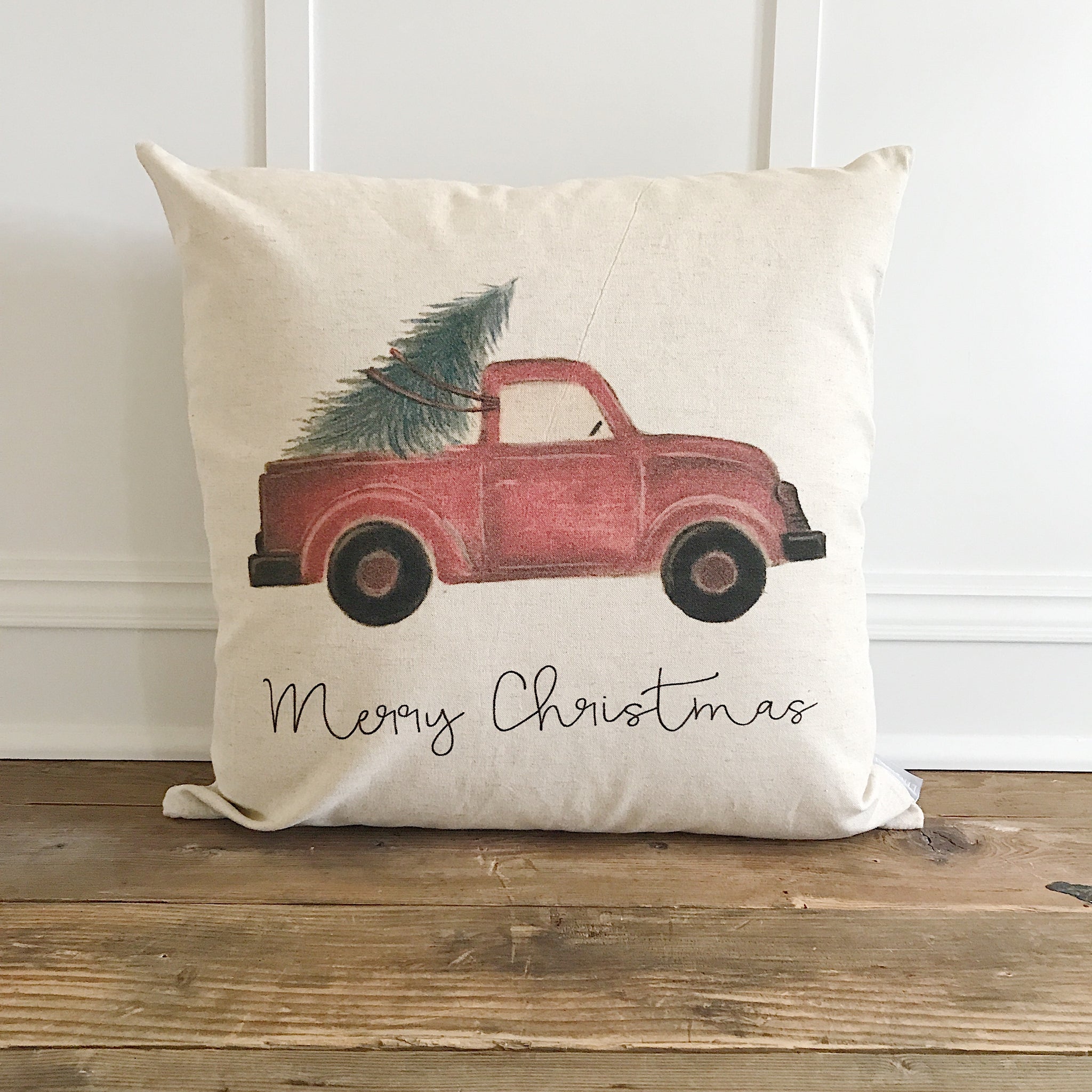 Red Truck Pillow Cover Merry Christmas Linen and Ivory