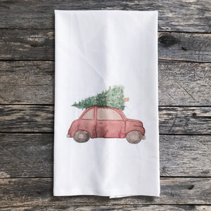 Red Christmas Car Tea Towel - Linen and Ivory