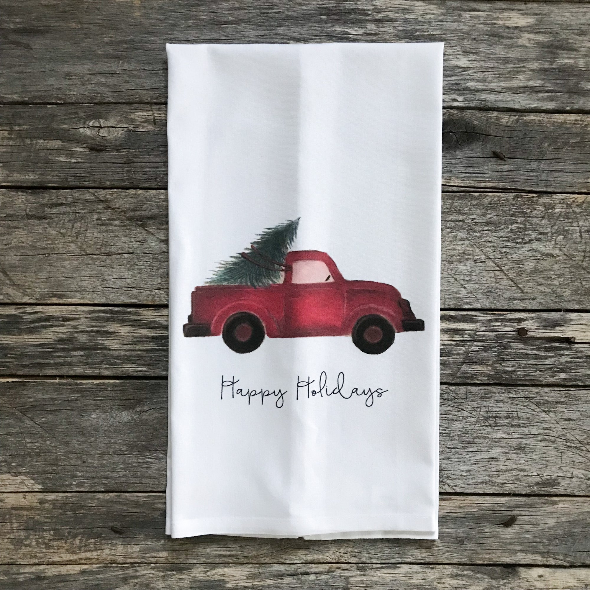 Red Truck Happy Holidays Tea Towel - Linen and Ivory