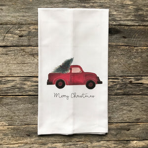 Red Truck Merry Christmas Tea Towel - Linen and Ivory
