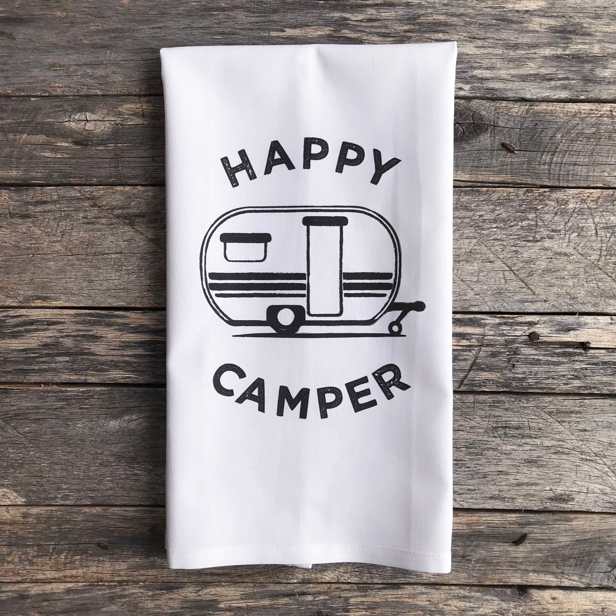 Retro Happy Camper Tea Towel - Linen and Ivory