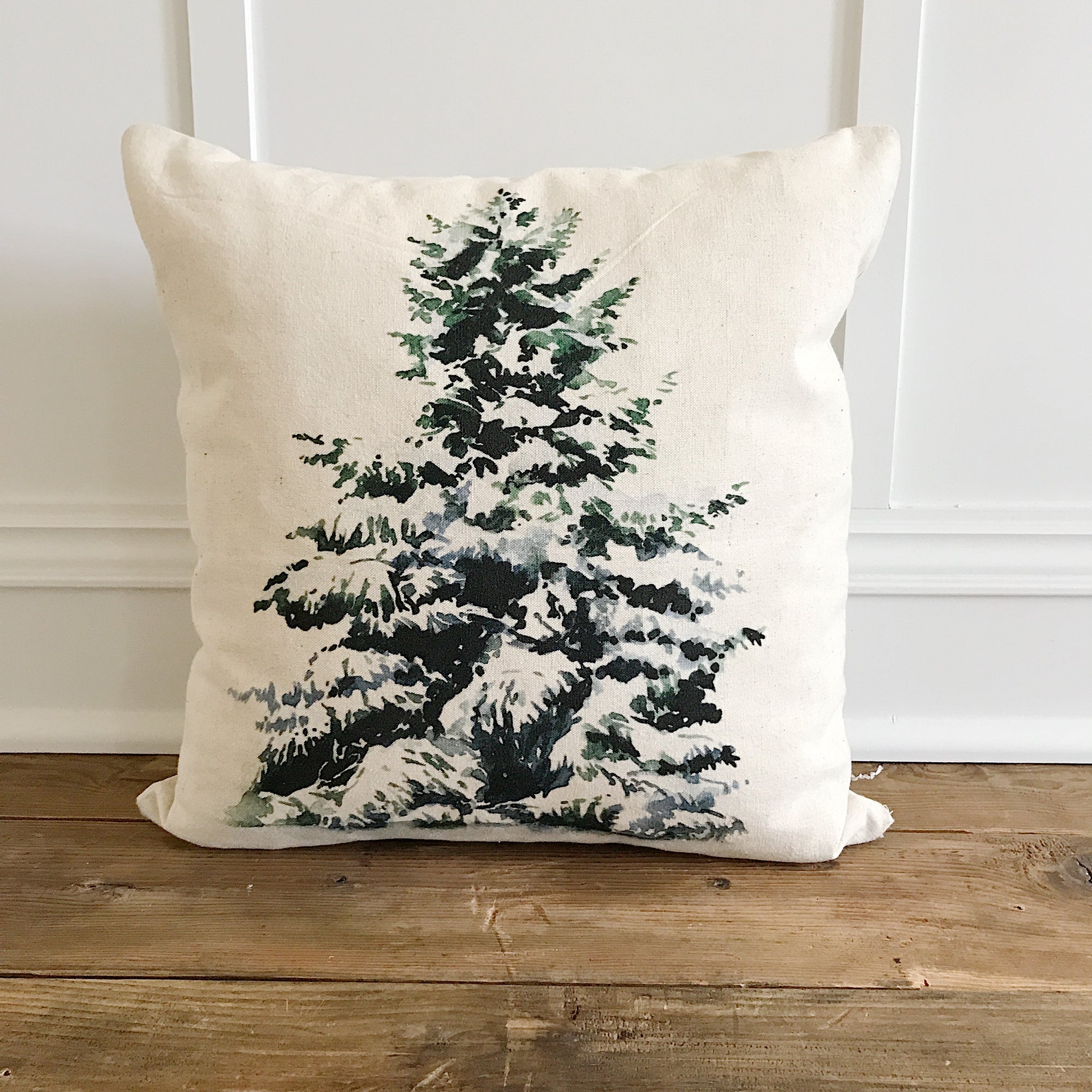 Snowy Evergreen Tree Pillow Cover - Linen and Ivory