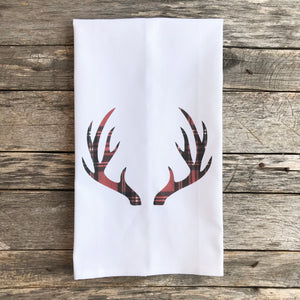 Tartan Plaid Antlers Tea Towel - Linen and Ivory