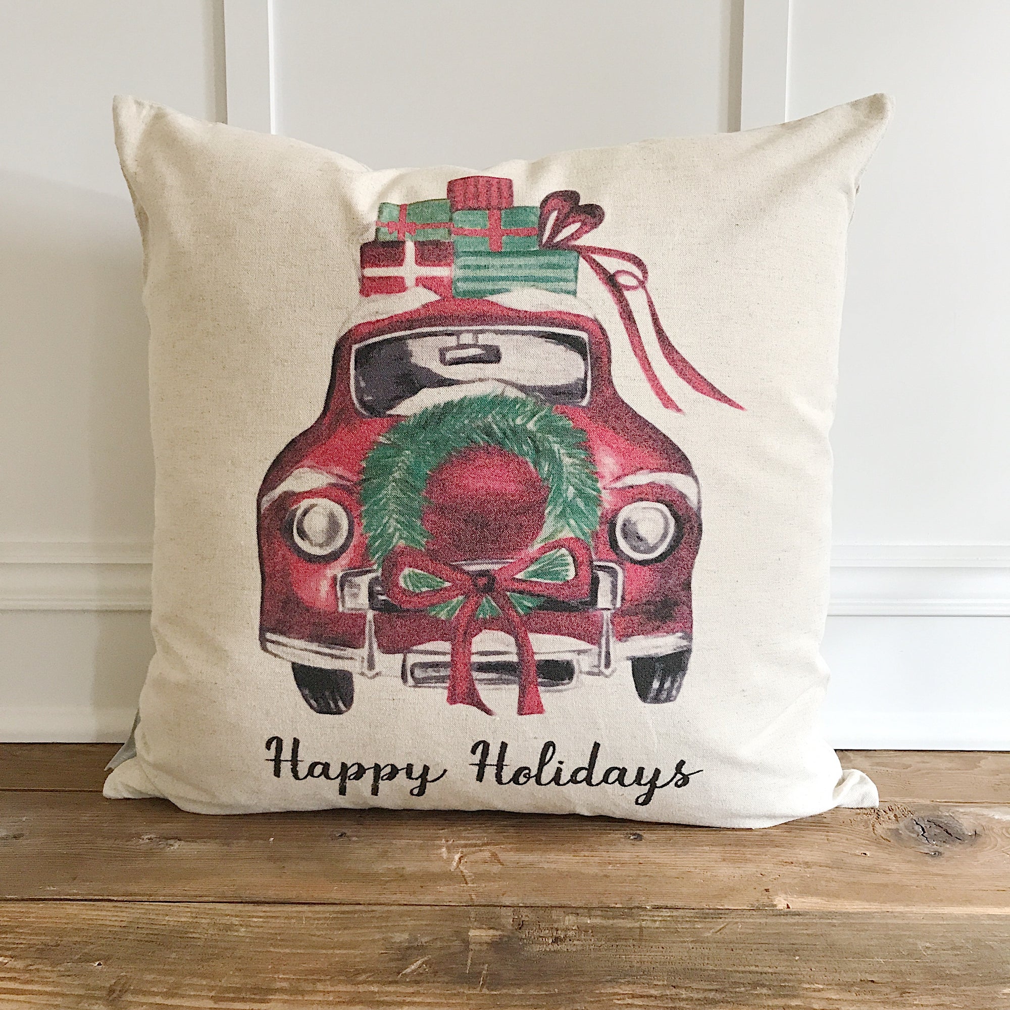 Vintage Holiday Car Pillow Cover - Linen and Ivory