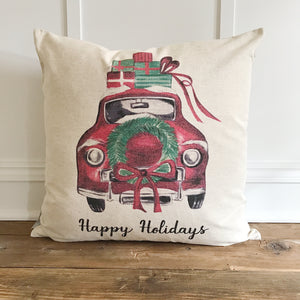 Vintage Holiday Car Pillow Cover - Linen and Ivory