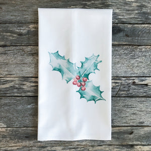 Watercolor Holly Sprig Tea Towel - Linen and Ivory