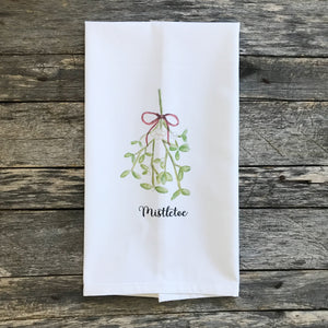Watercolor Mistletoe Tea Towel - Linen and Ivory