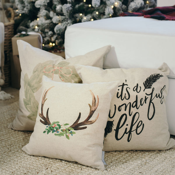 Holiday Deer Antler Pillow Cover Linen and Ivory