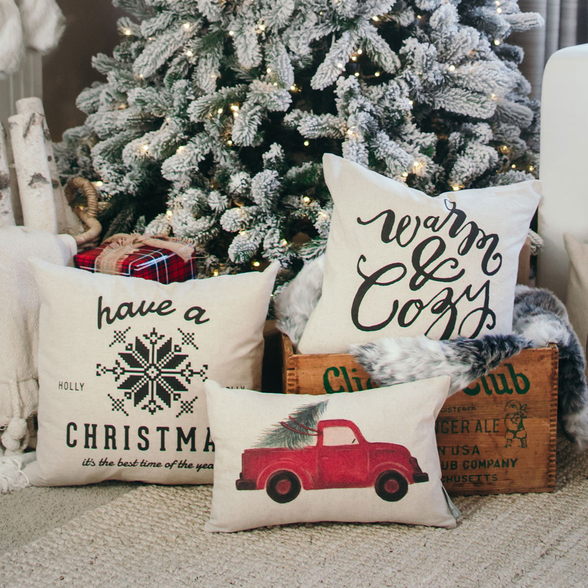 Red Truck with Tree Christmas Accent Pillow