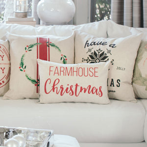 Farmhouse Christmas Pillow Cover (Red) - Linen and Ivory