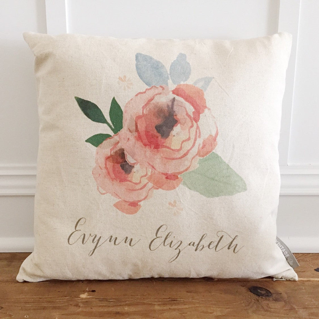 Custom Watercolor Flower Pillow Cover - Linen and Ivory