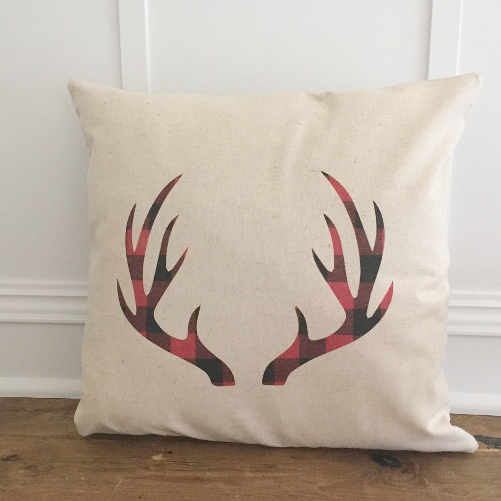 Buffalo Plaid Antlers (Red) Pillow Cover - Linen and Ivory