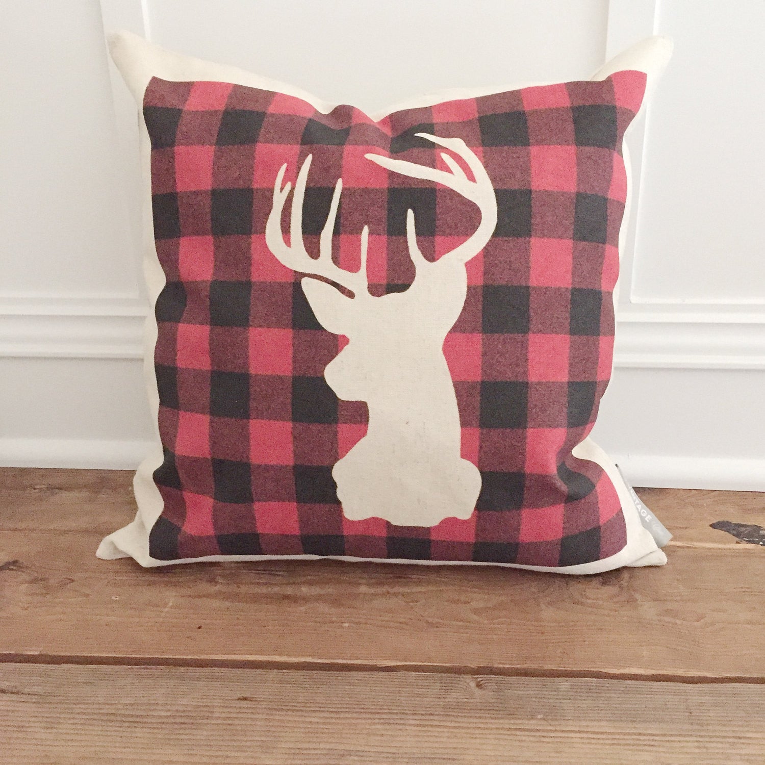 Buffalo Plaid Stag Negative Space Pillow Cover - Linen and Ivory
