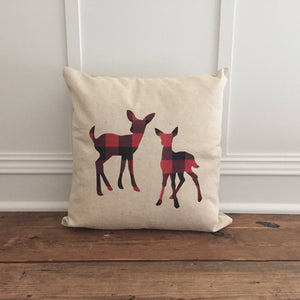 Buffalo Plaid Deer Pillow Cover (Red) - Linen and Ivory