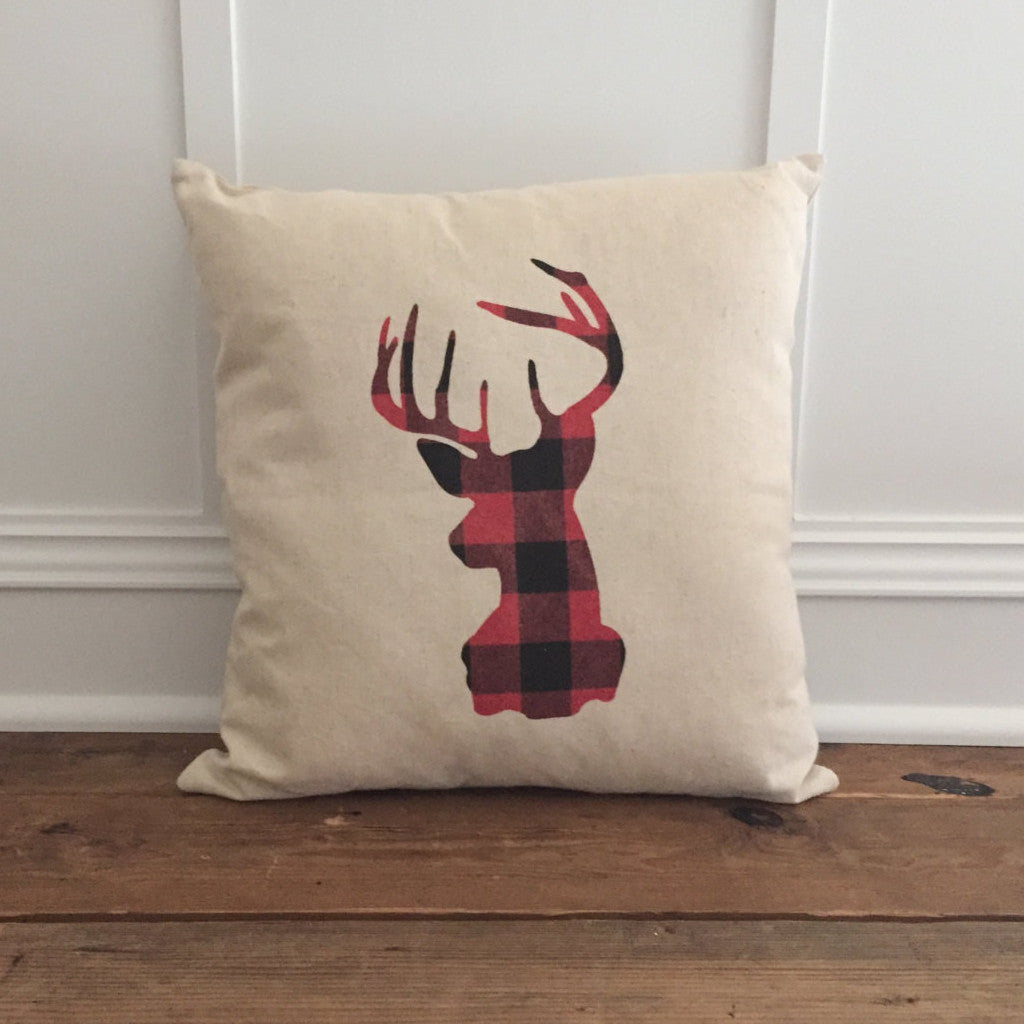 Buffalo Plaid Stag Pillow Cover (Red) - Linen and Ivory