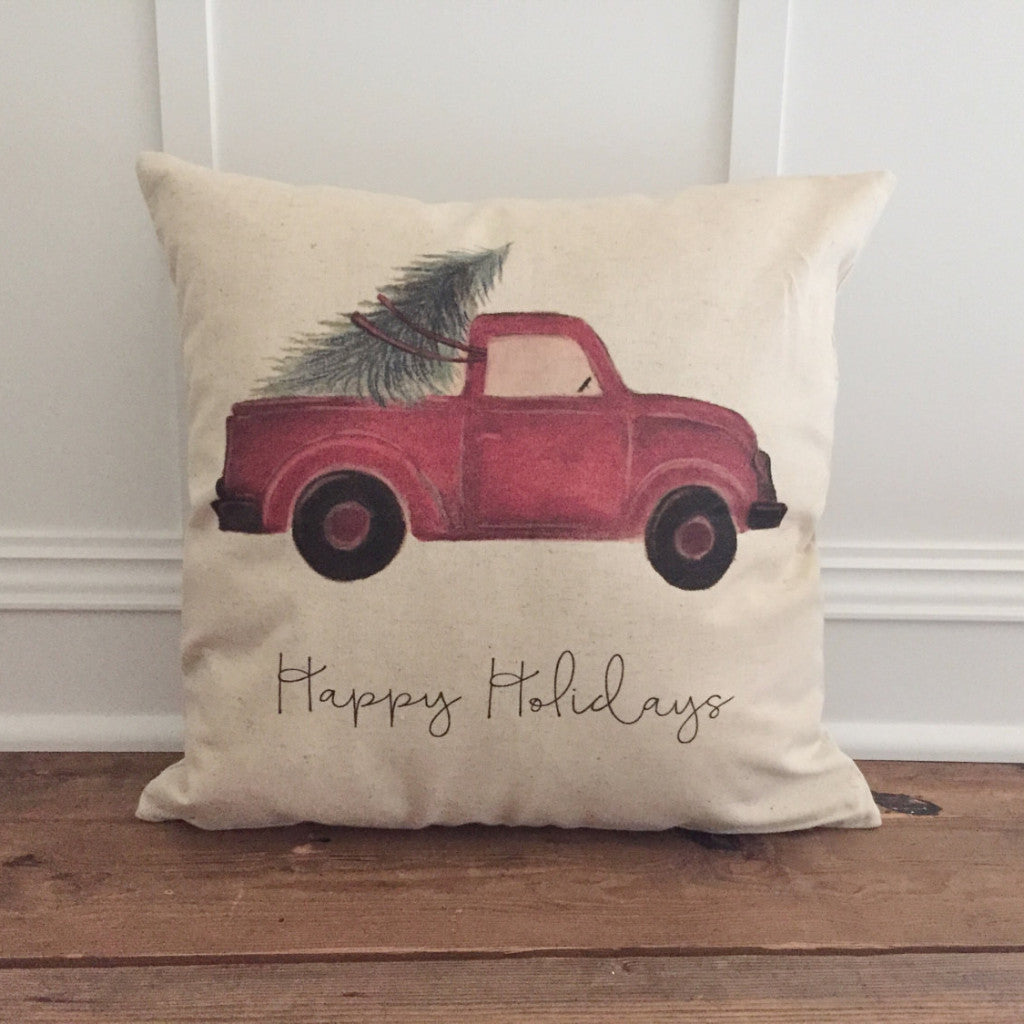 Red Truck Pillow Cover (Happy Holidays) - Linen and Ivory
