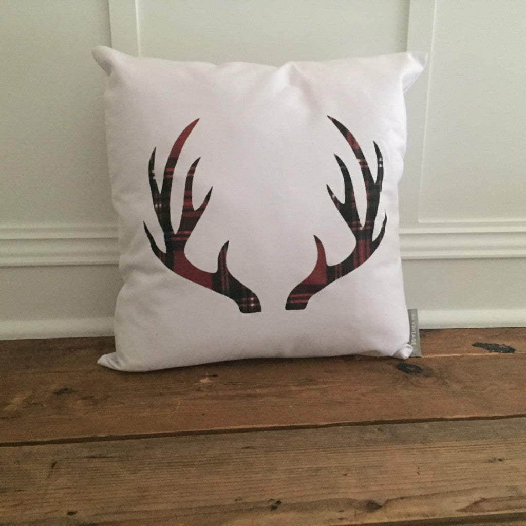 Tartan Plaid Antlers Pillow Cover - Linen and Ivory