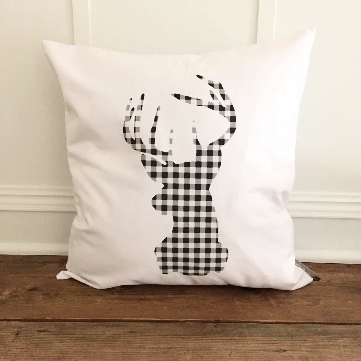 Buffalo Plaid Stag Pillow Cover (Black) - Linen and Ivory