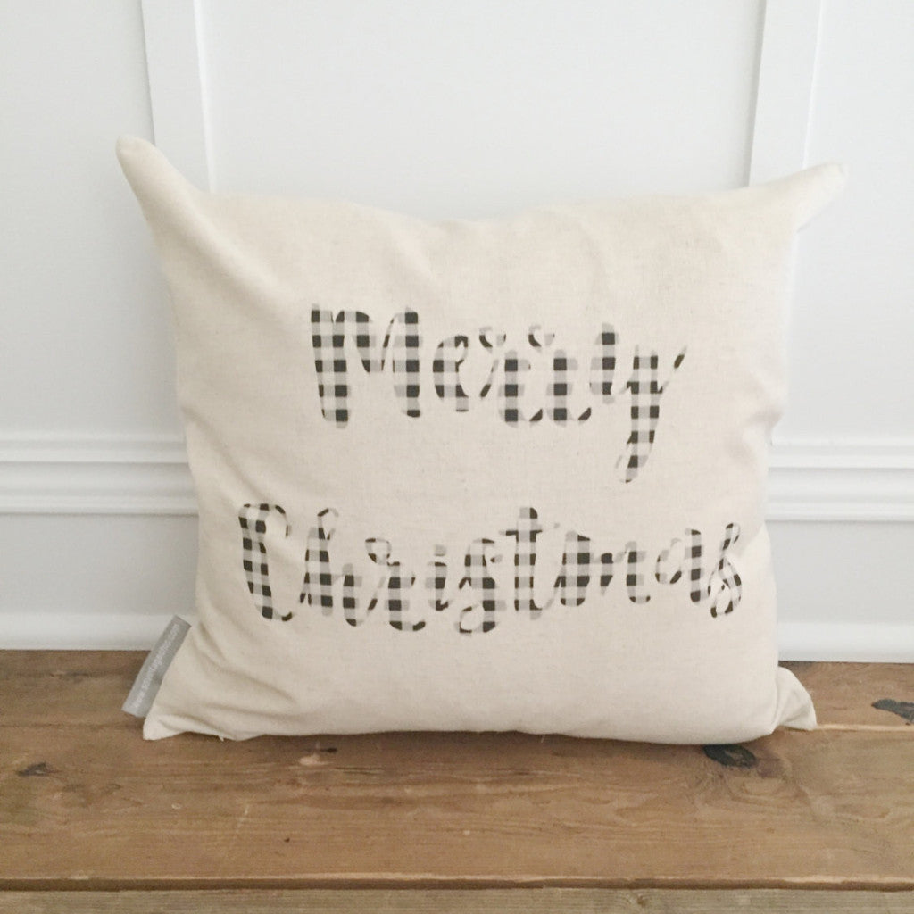 Buffalo Plaid Merry Christmas Pillow Cover (Black) - Linen and Ivory